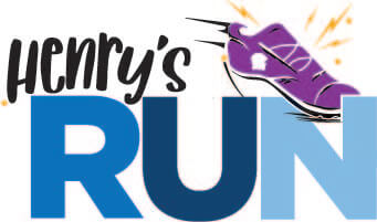 Graphic of Henry's Run 5k run/walk in sioux falls. "Henry's" is black with the word "Run" below in blue with a pruple shoe above it. 