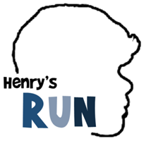Graphic of Henry's Run 5k run/walk in sioux falls. "Henry's" is black with the word "Run" below in blue with a pruple shoe above it. 